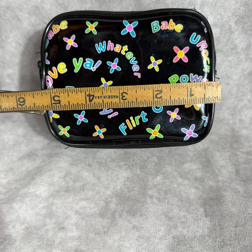 Vtg 90s Y2K Black Patent Makeup Bag Pouch Girl Power‎ Whatever Retro Rainbow EUC